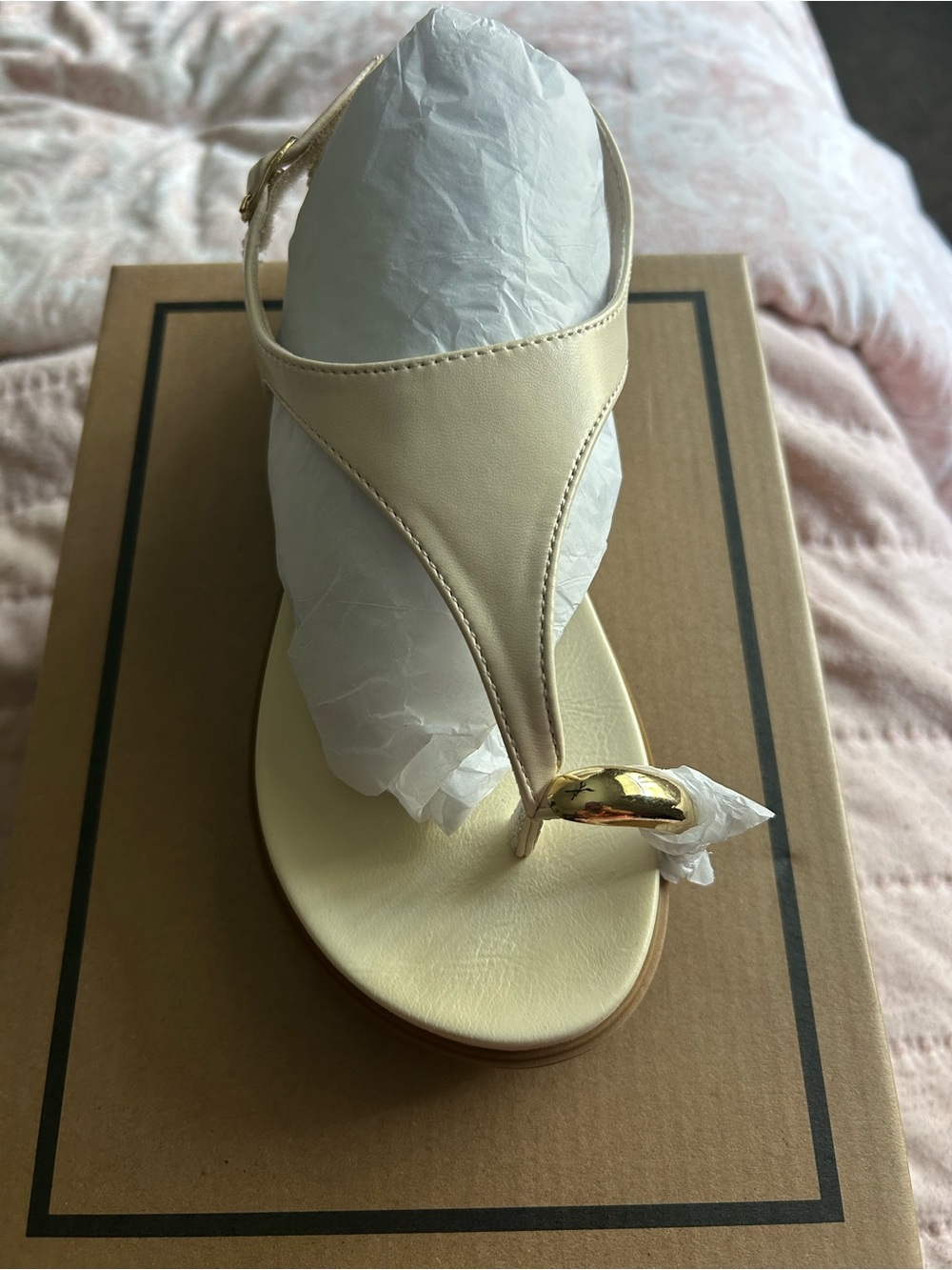 MIA Cream T-Strap Sandals with Gold Toe Accent